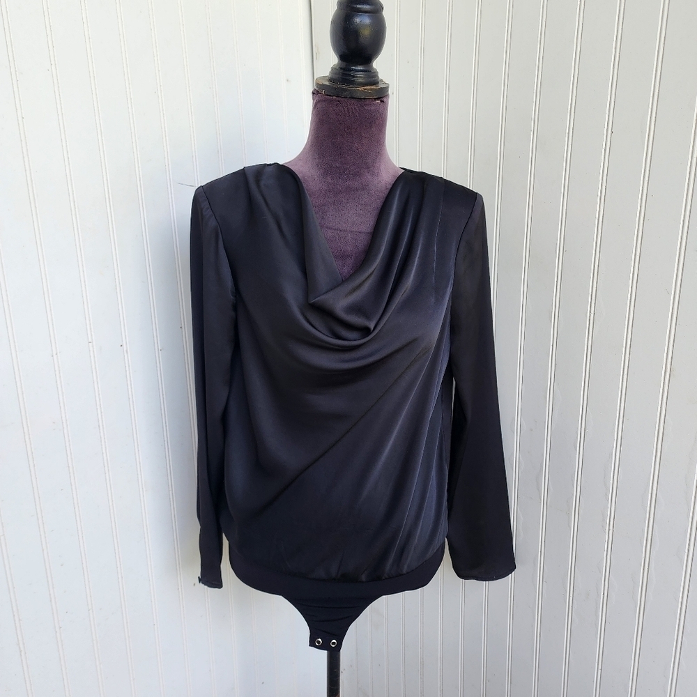 Express Satin  Bodysuit Women’s Black Long Sleeve Blouse Top Pullover Sz S